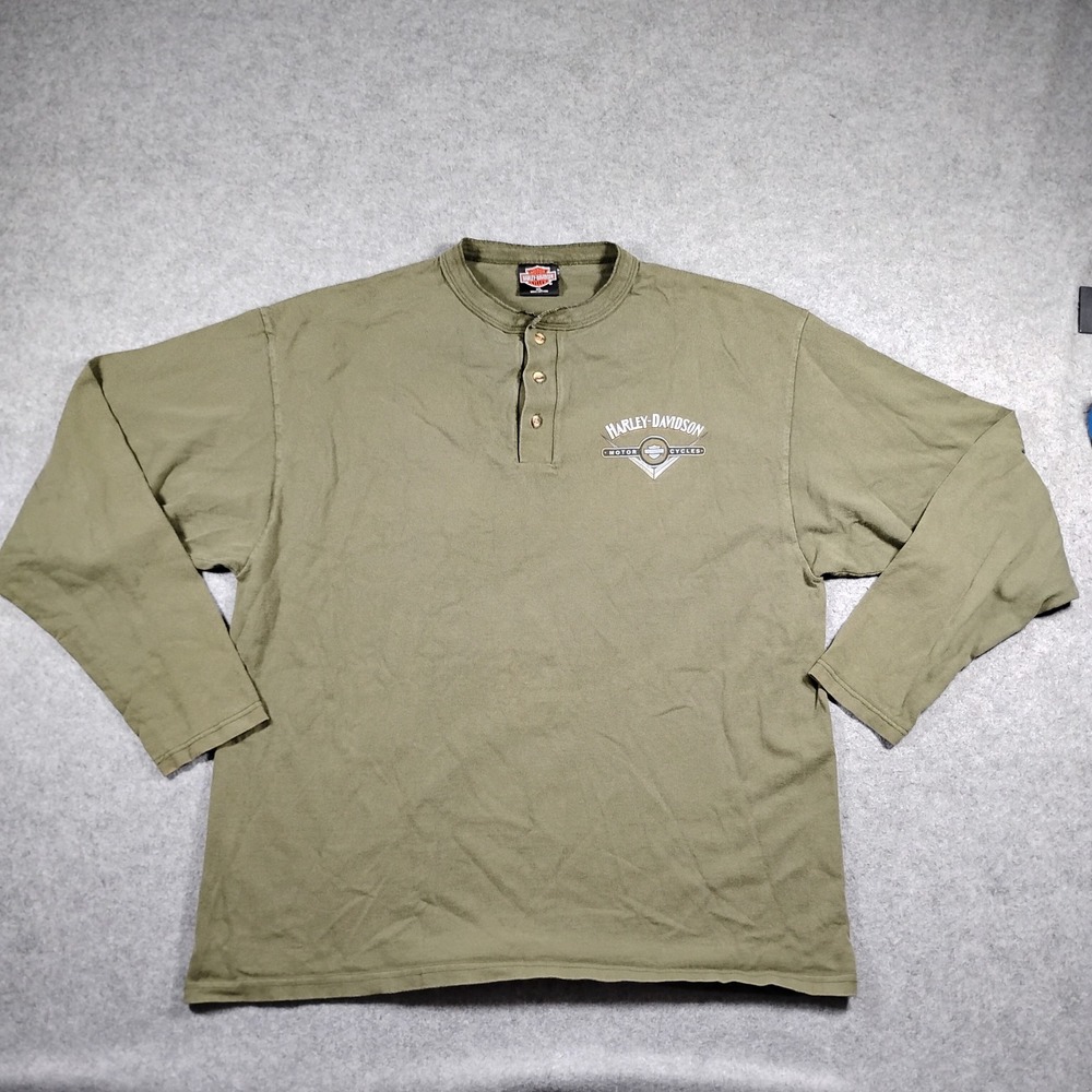 Harley-Davidson Vintage Henley Shirt Men XL Green Long Sleeve Barger California
